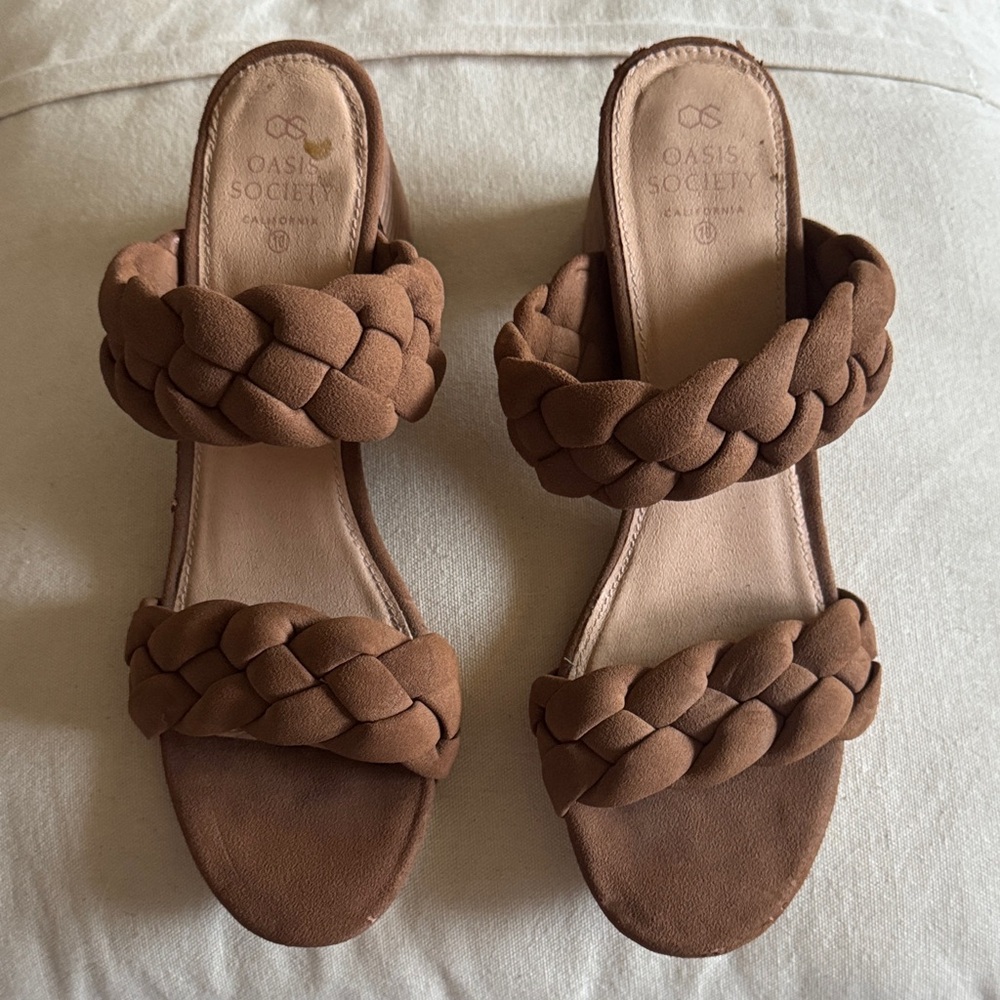 Oasis Society Women's Tan Braided Sandals brown‎ faux suede sz 10